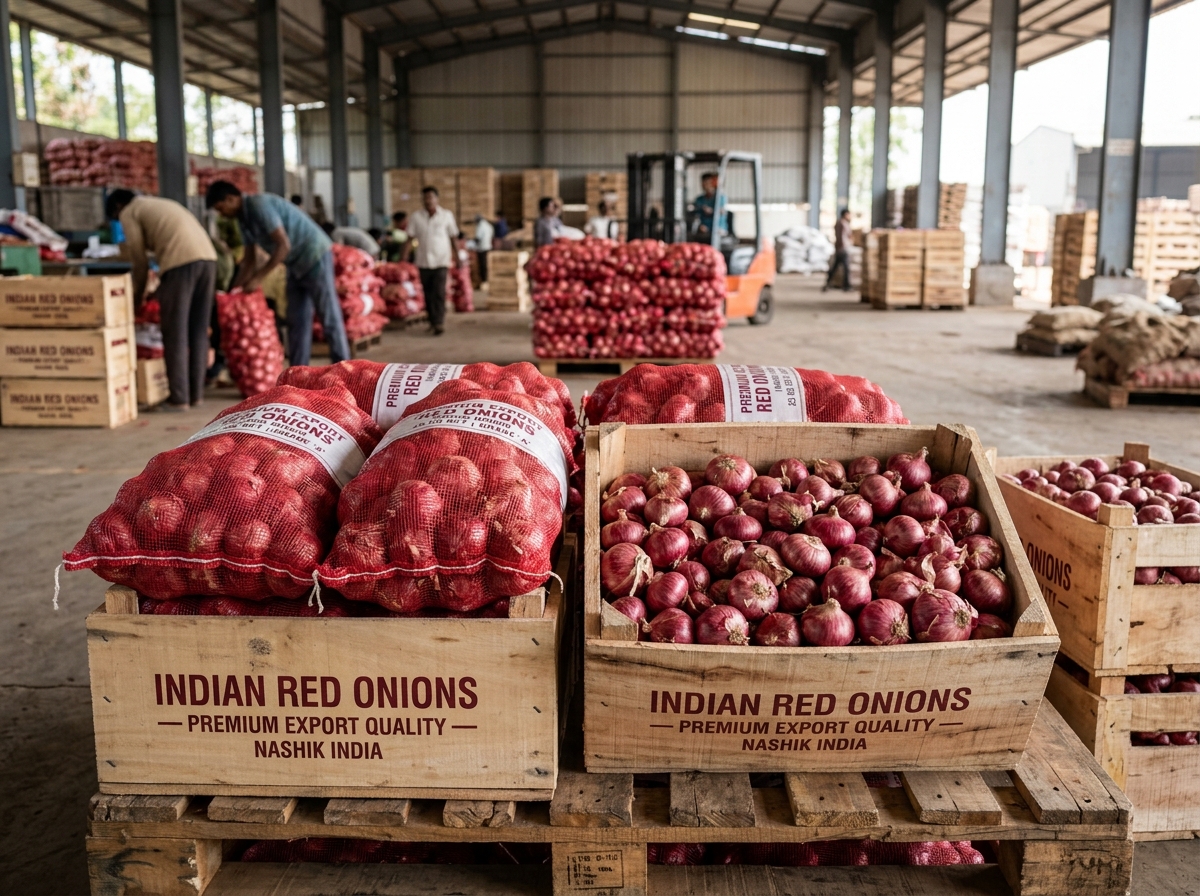 Indian Export Red Onions in mesh bags